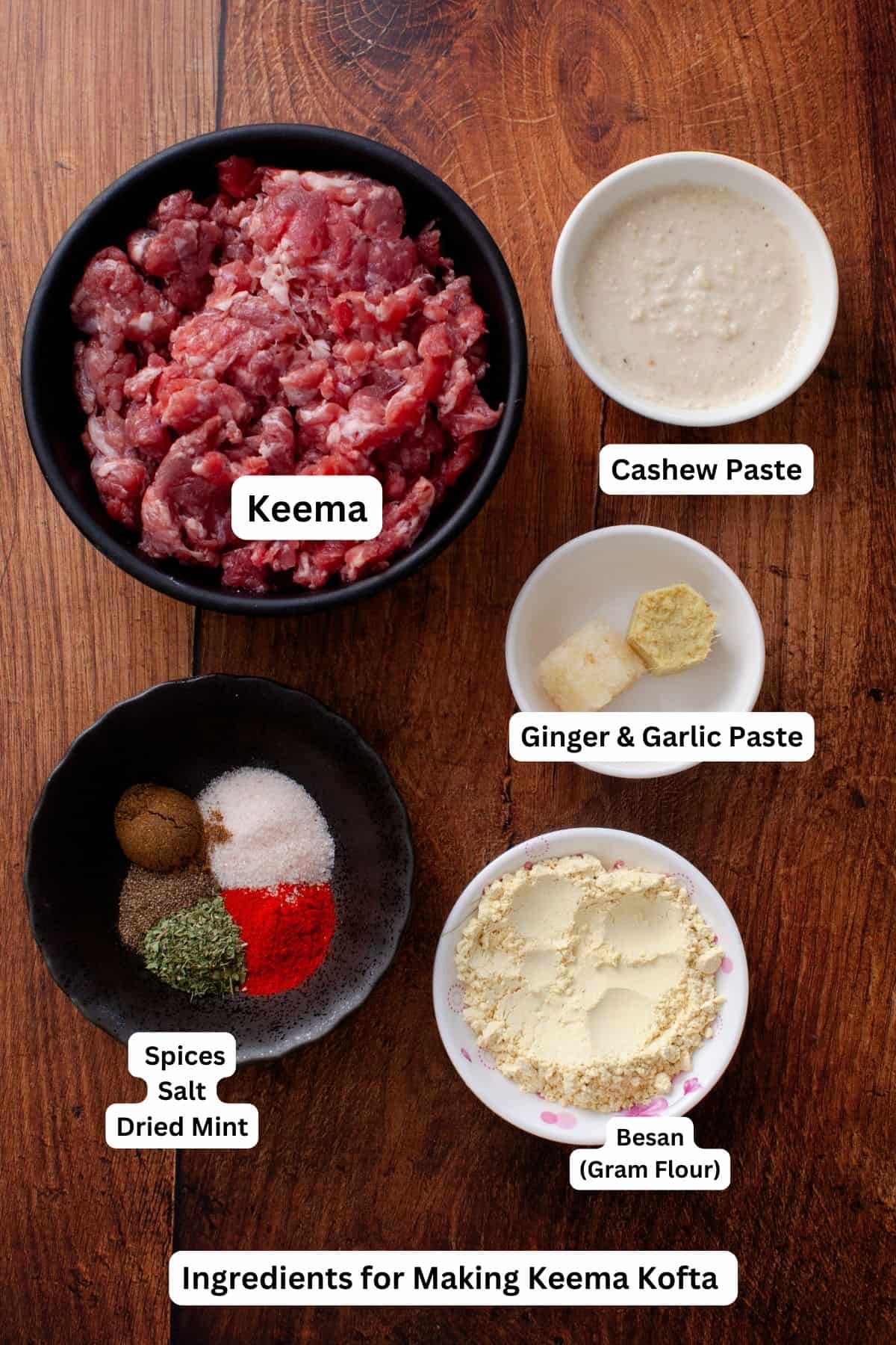 Ingredients for making kofta placed on a wooden background.