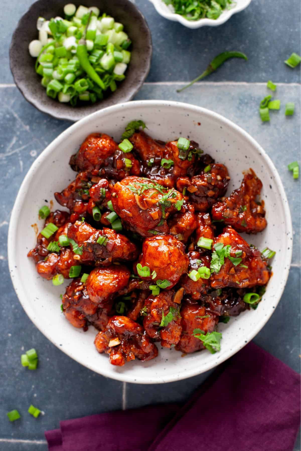 Gobi Manchurian in a white ceramic bowl. 