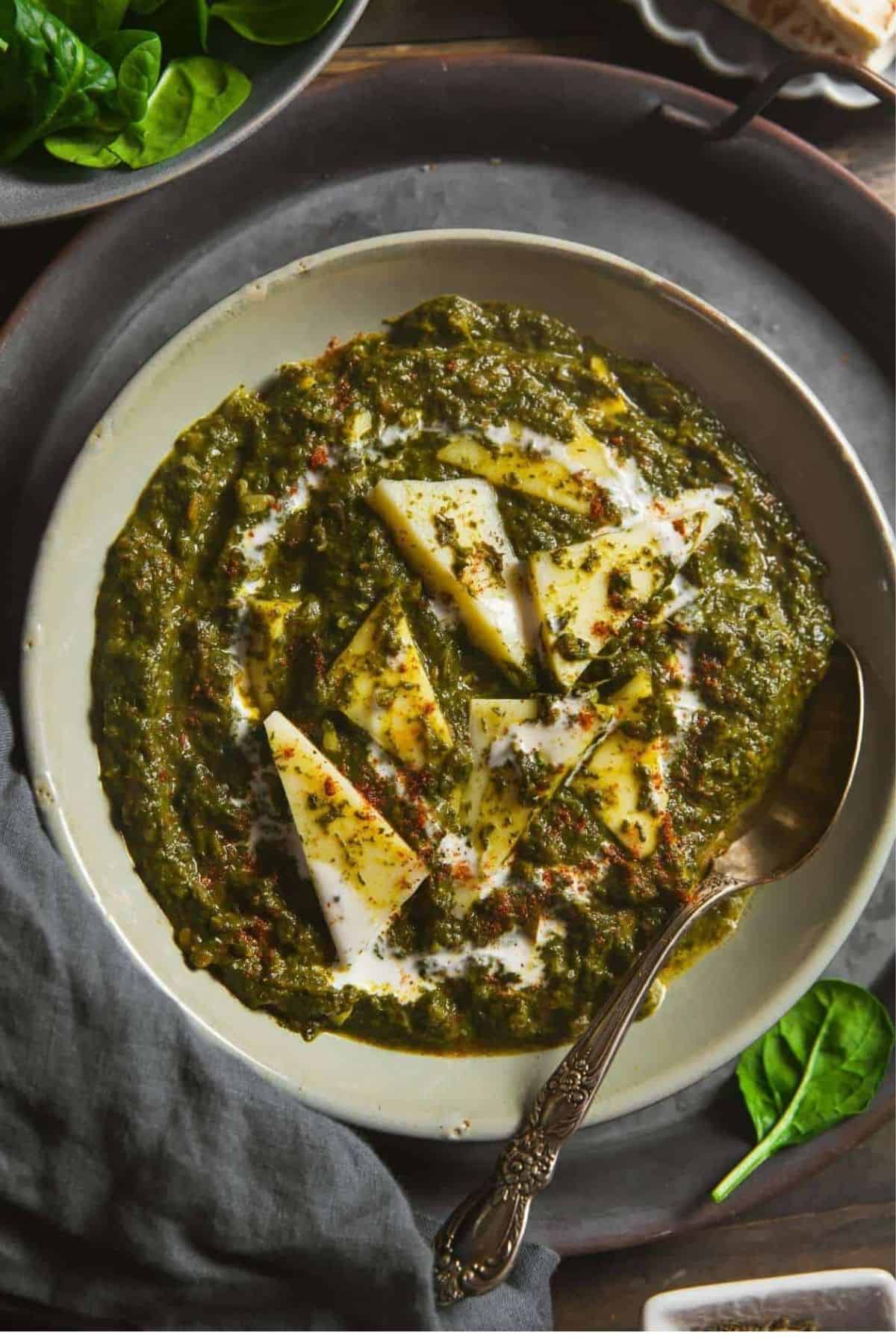 Closeup of spinach paneer.