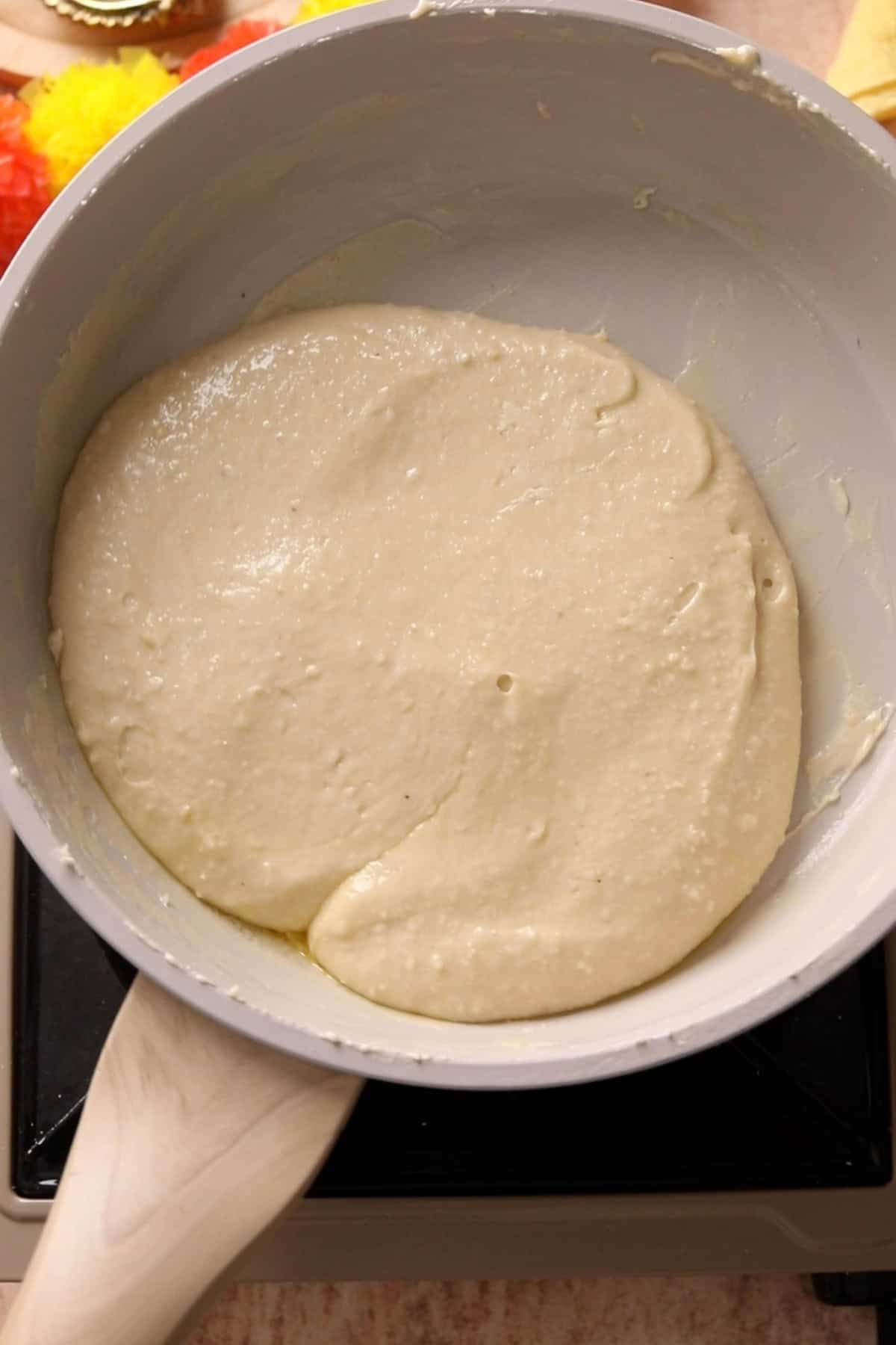 Kaju Katli mixture is fully cooked.