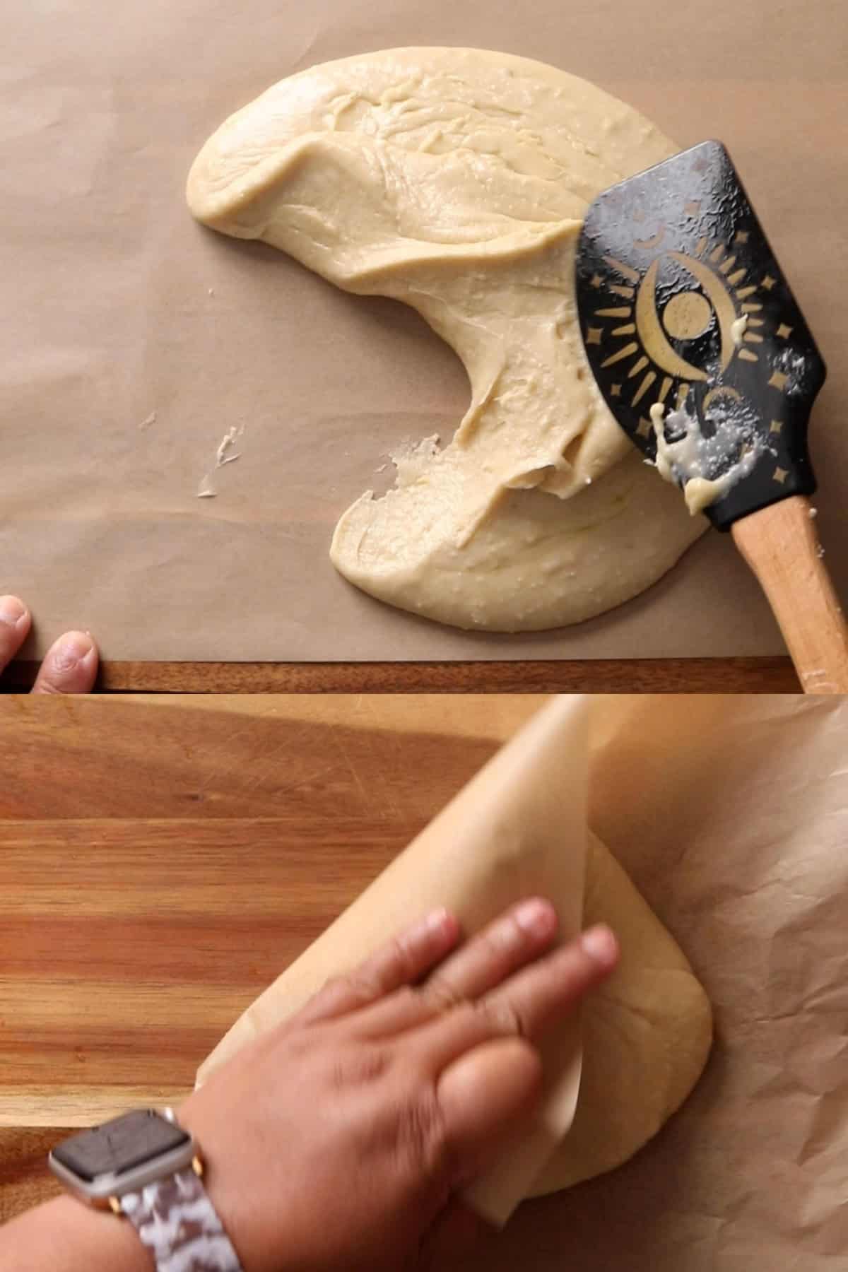 Cashew dough is kneaded by folding over the parchment paper.