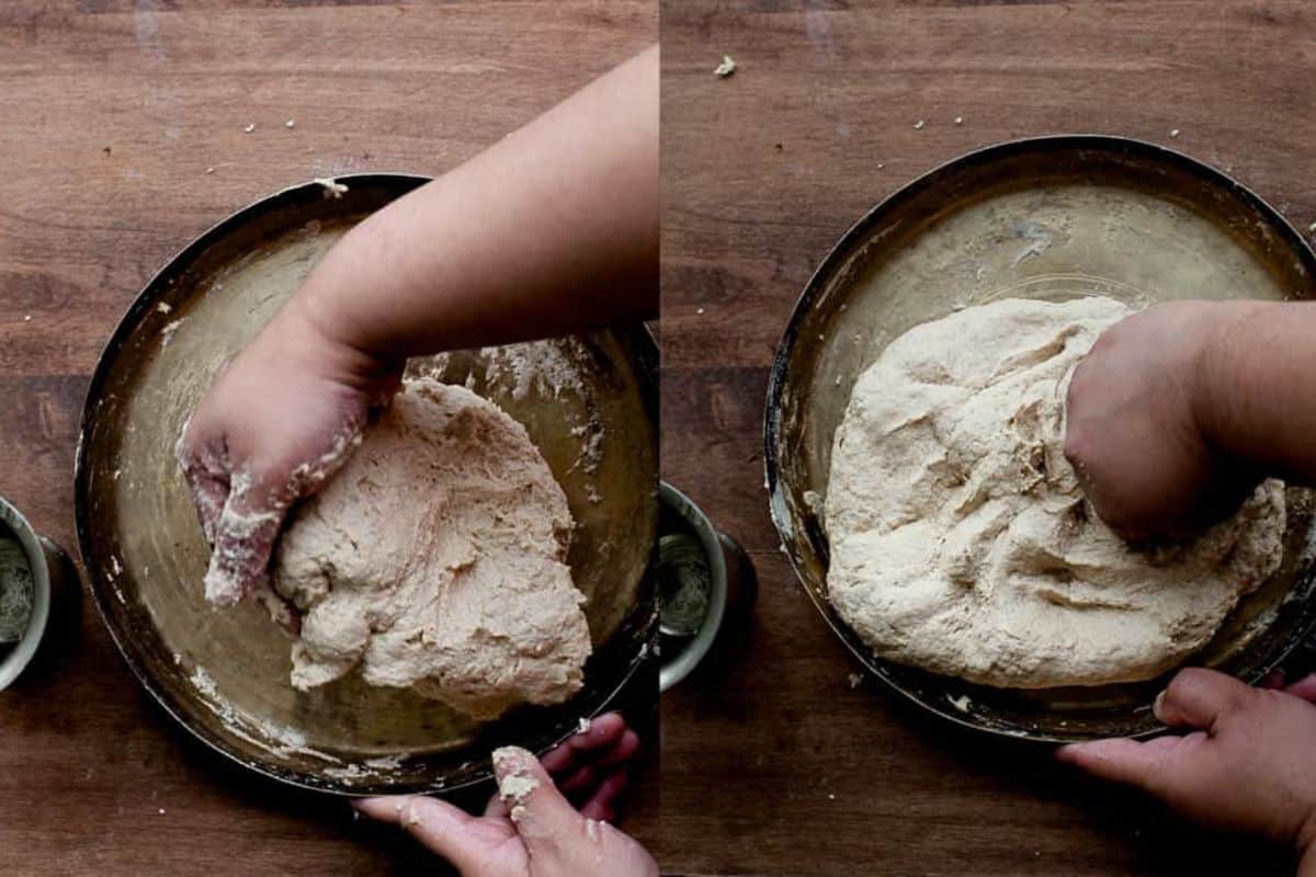 Kneading the roti dough in a pull, flatten and stretch manner to smoothen it.