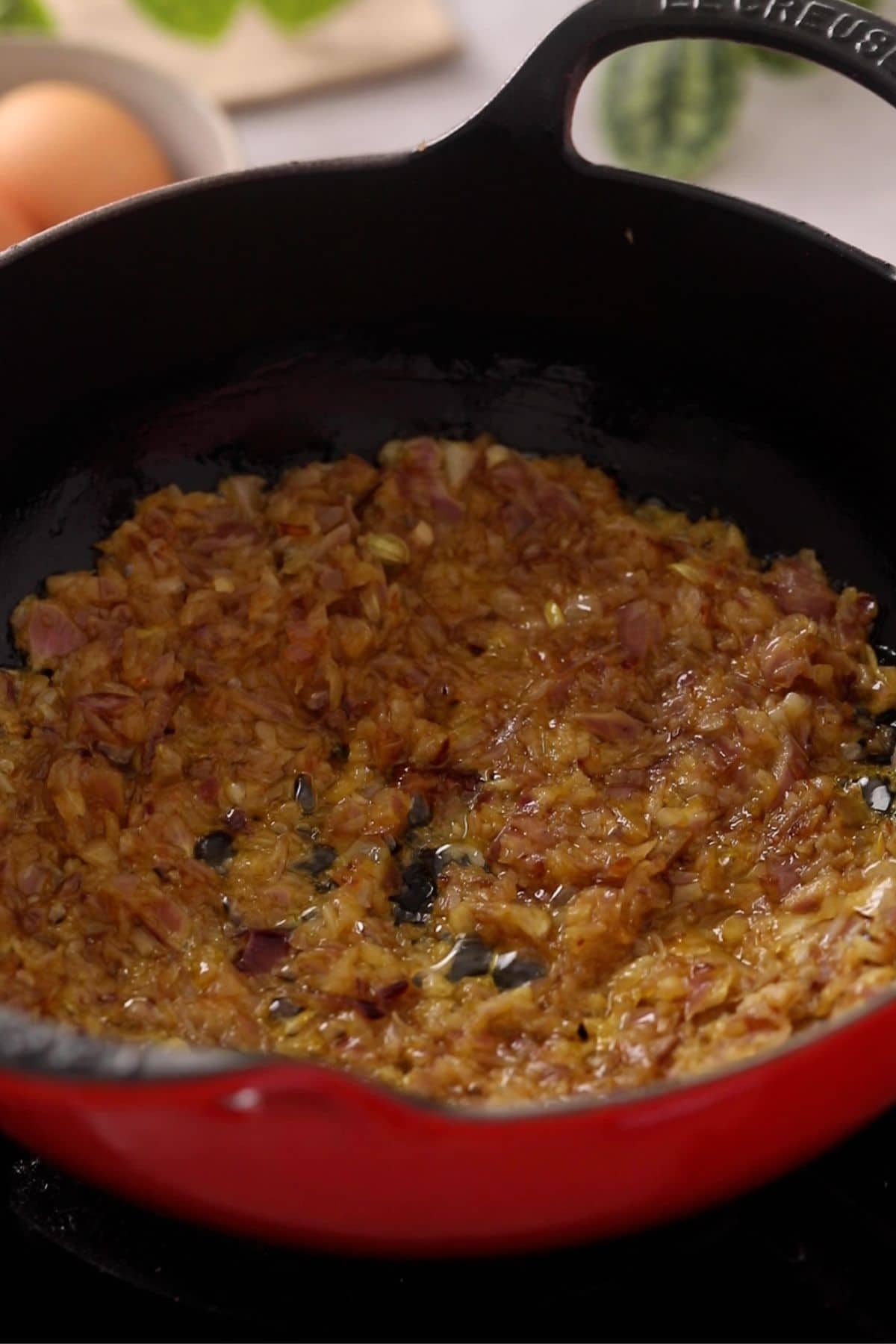 Onions are cooked until golden brown.