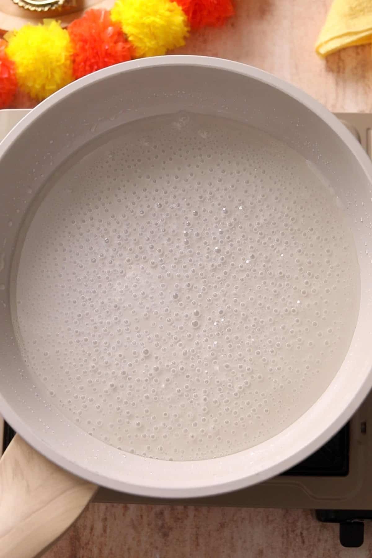 Bubbling sugar syrup.
