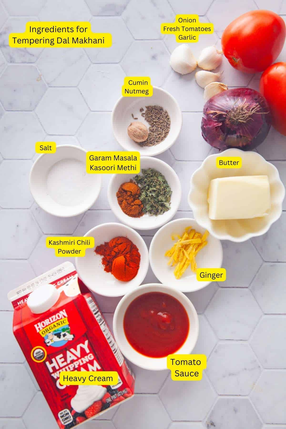 Ingredients for tempering the boiled black lentils.