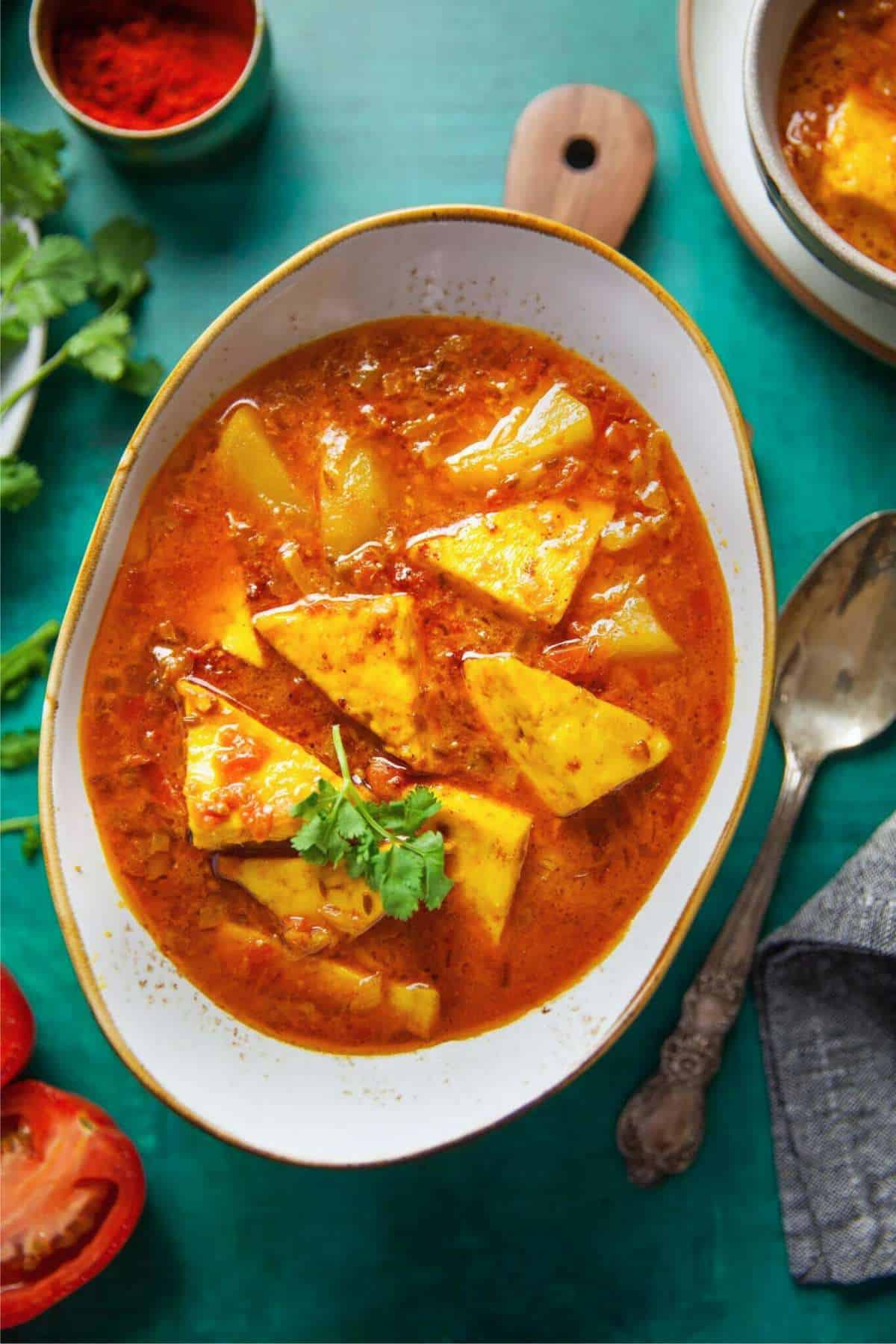 Close up of aloo paneer curry. 