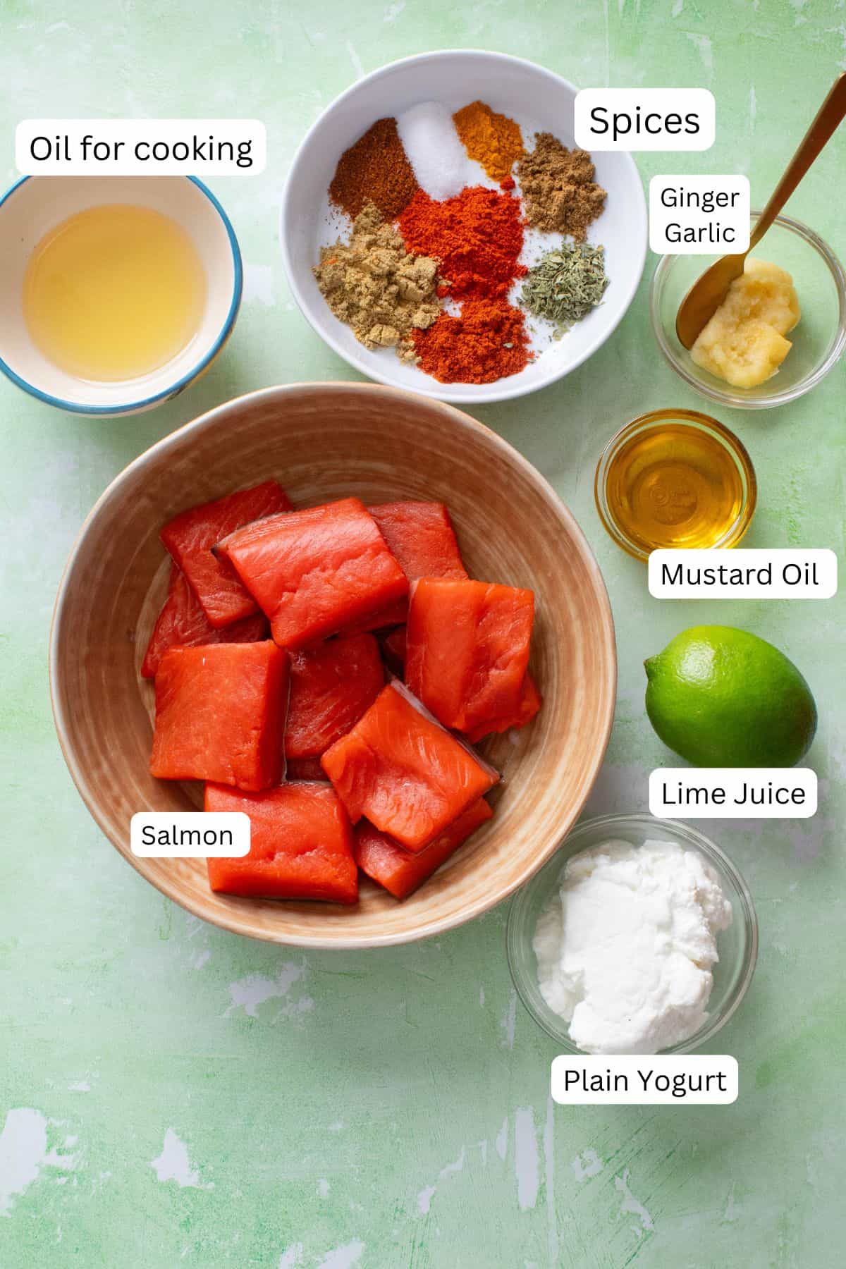Ingredients needed to make salmon tikka.