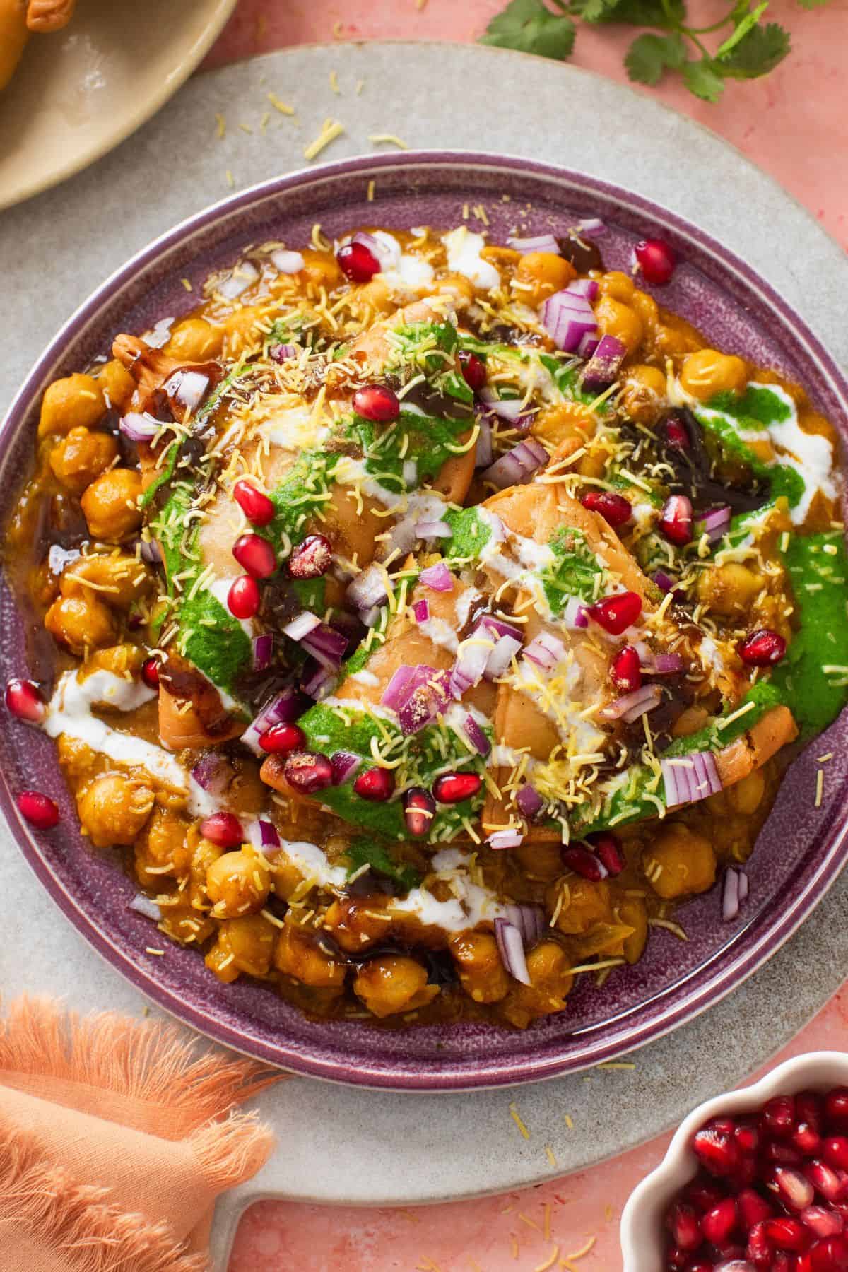 Close up view of samosa chaat.