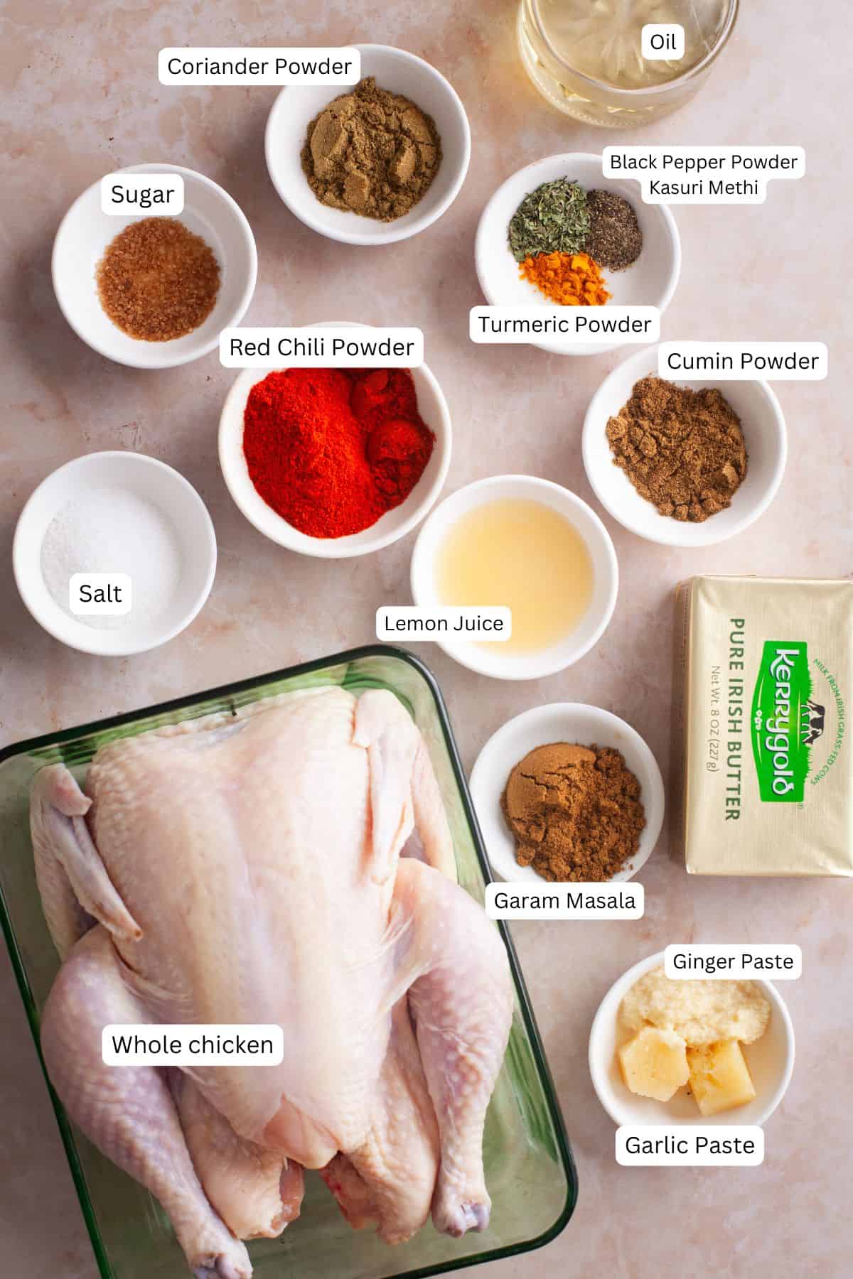 Ingredients needed to make indian roast chicken.