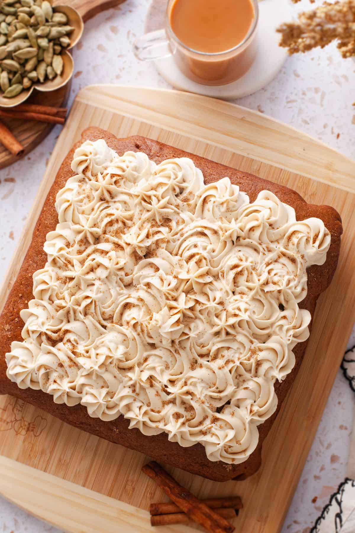 Masala Chai Cake on a bamboo board. 