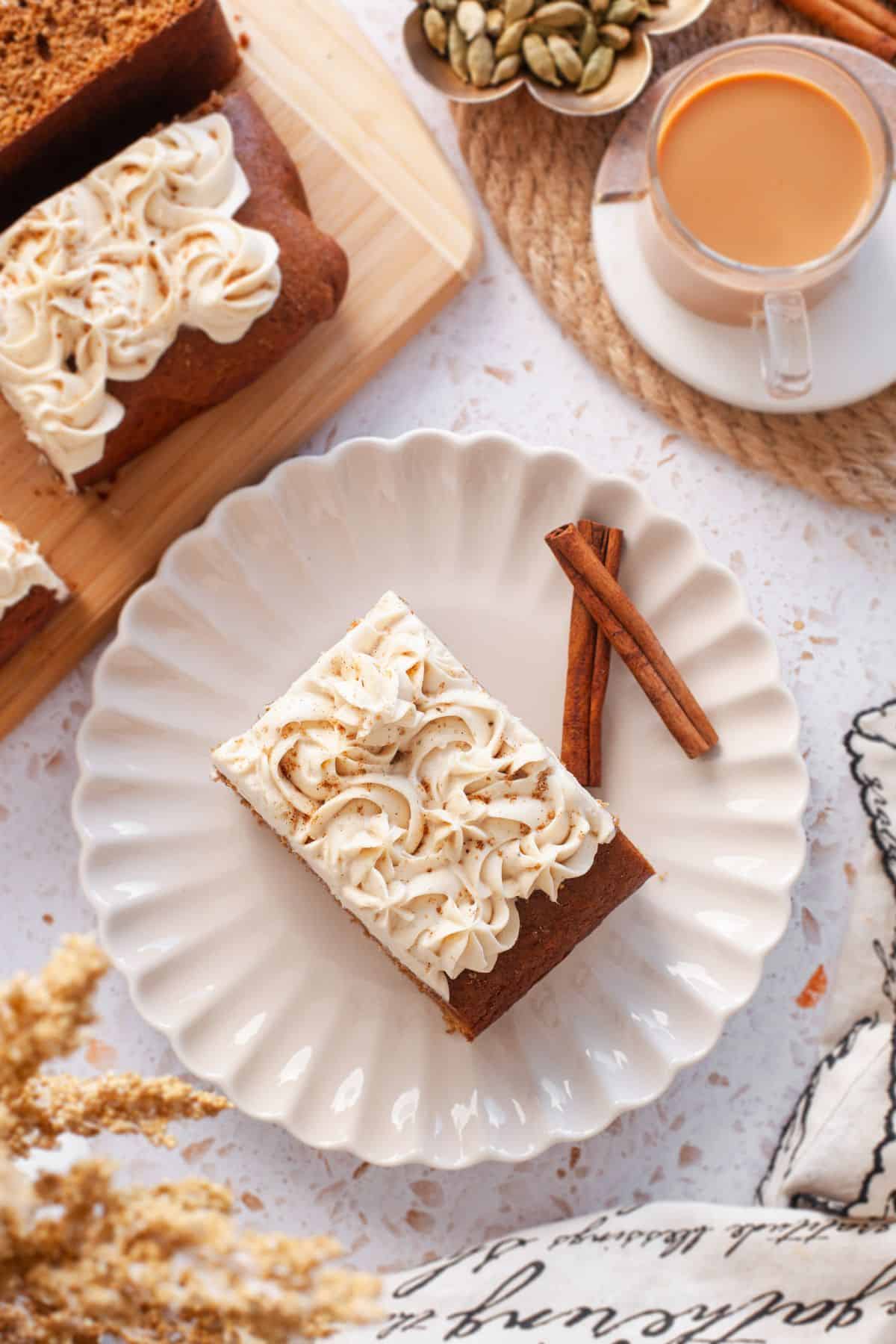 Top view of a slice of spcied tea cake.