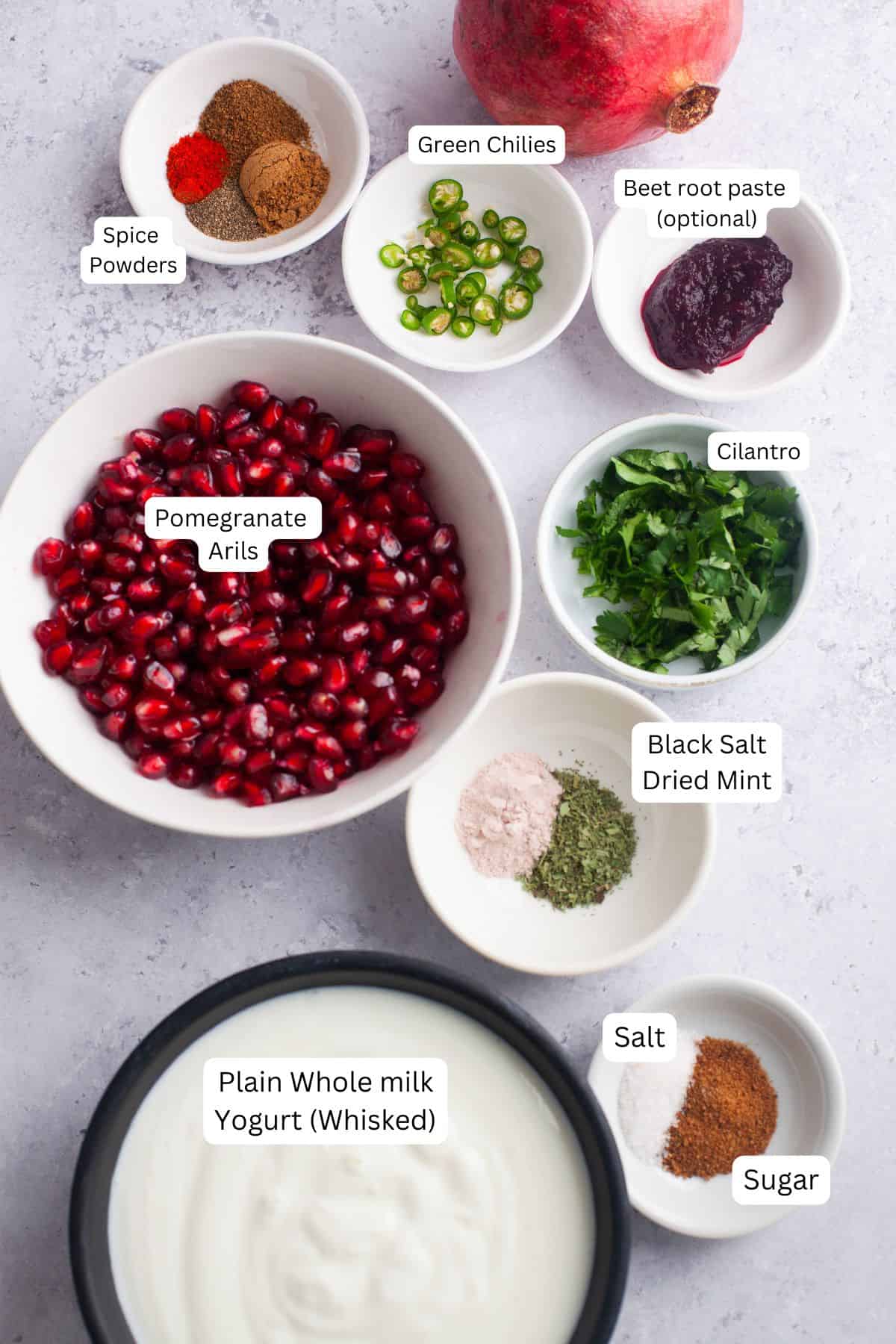 Ingredients needed ofr making pomegranate raita.