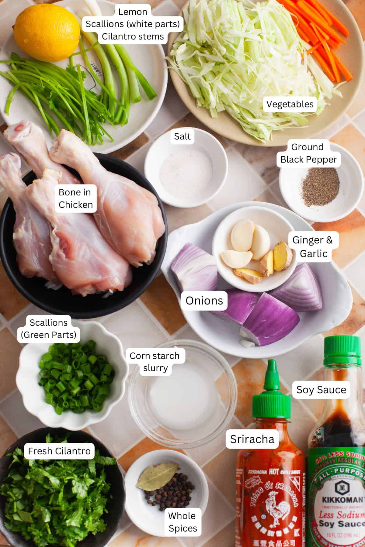 Ingredients for chicken soup with cilantro.