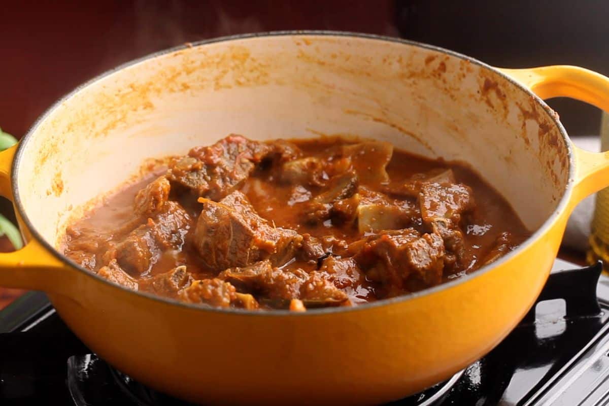 Goat meat after stir frying with ground spices.