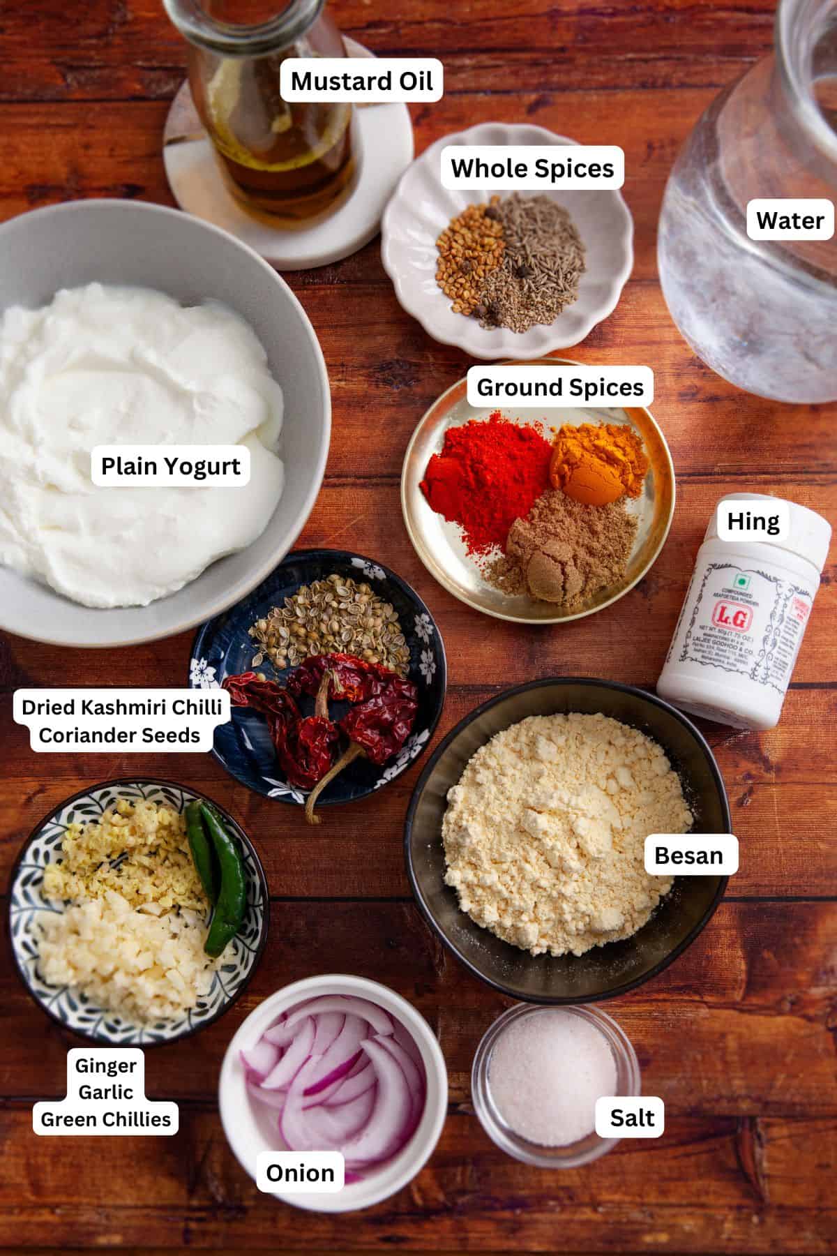 Ingredients Needed to Make Kadhi placed on a wood background.