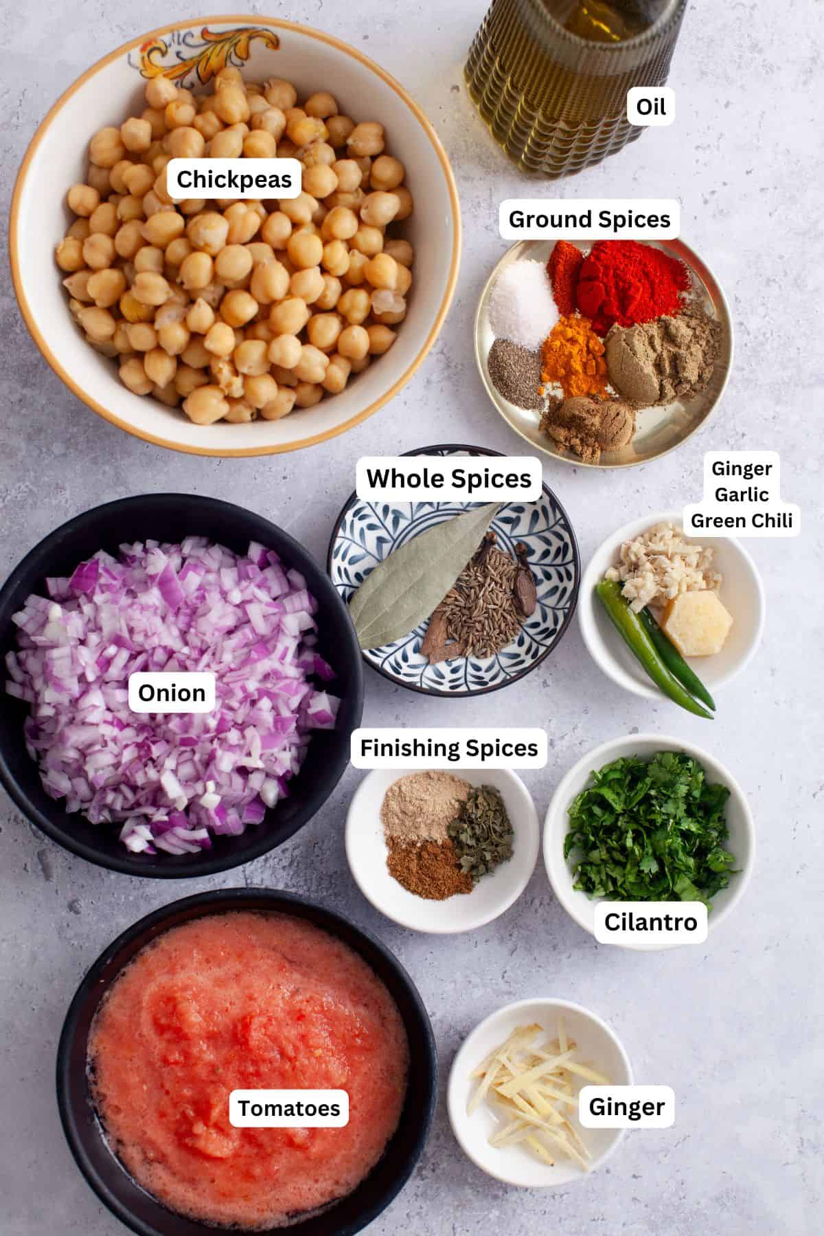Ingredients for chana masala on a white background.