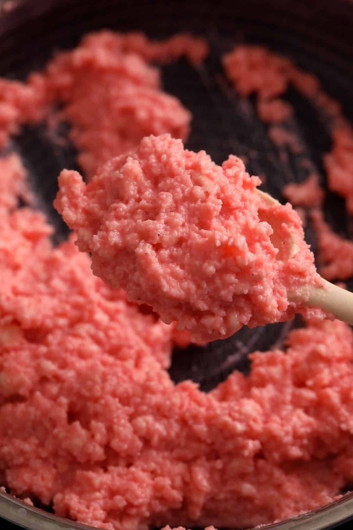 Rose Kalakand Recipe (With Paneer) 15 Kalakand mixture is thick and ready.