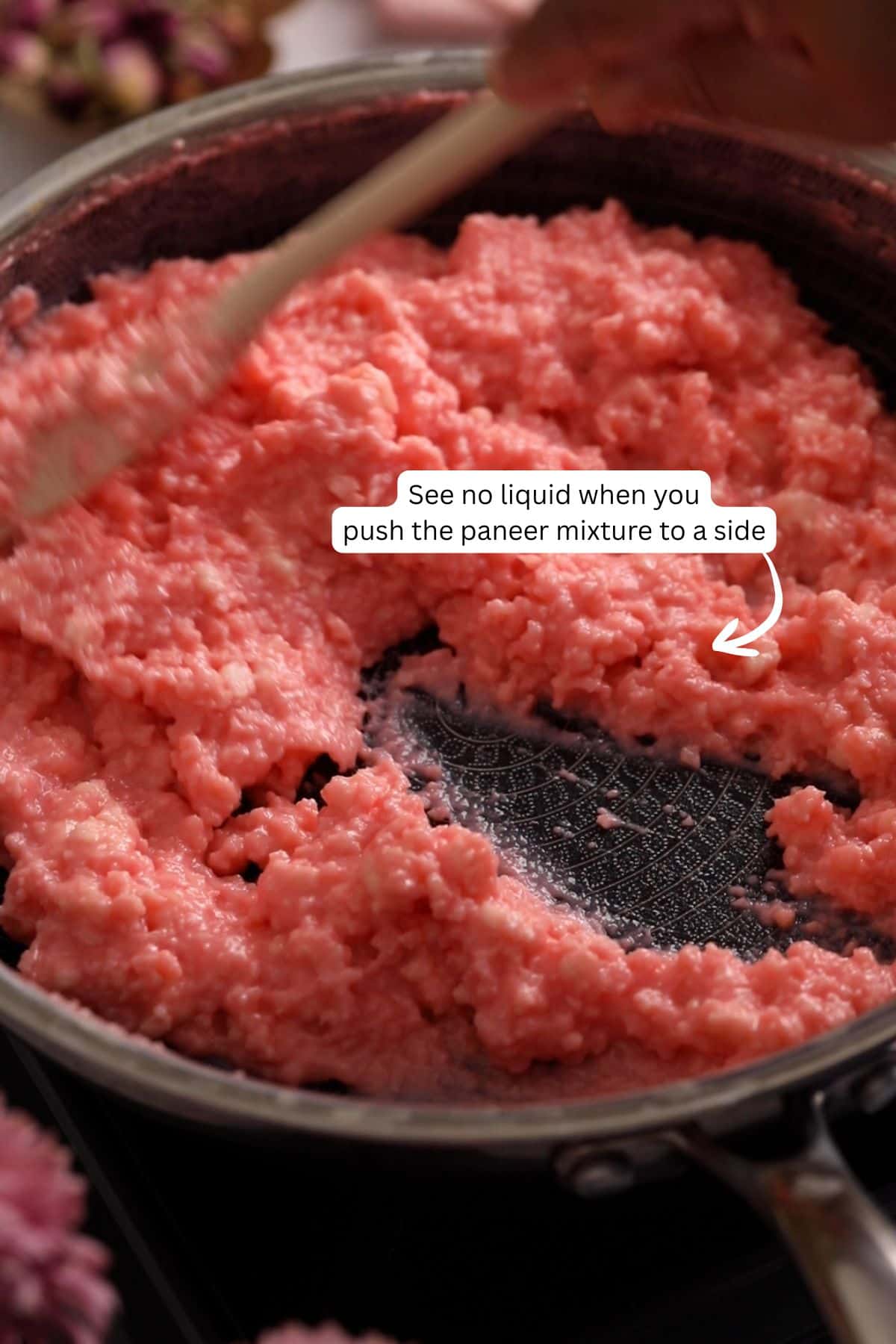 Rose Kalakand Recipe (With Paneer) 13 Kalakand mixture is being slowly cooked.