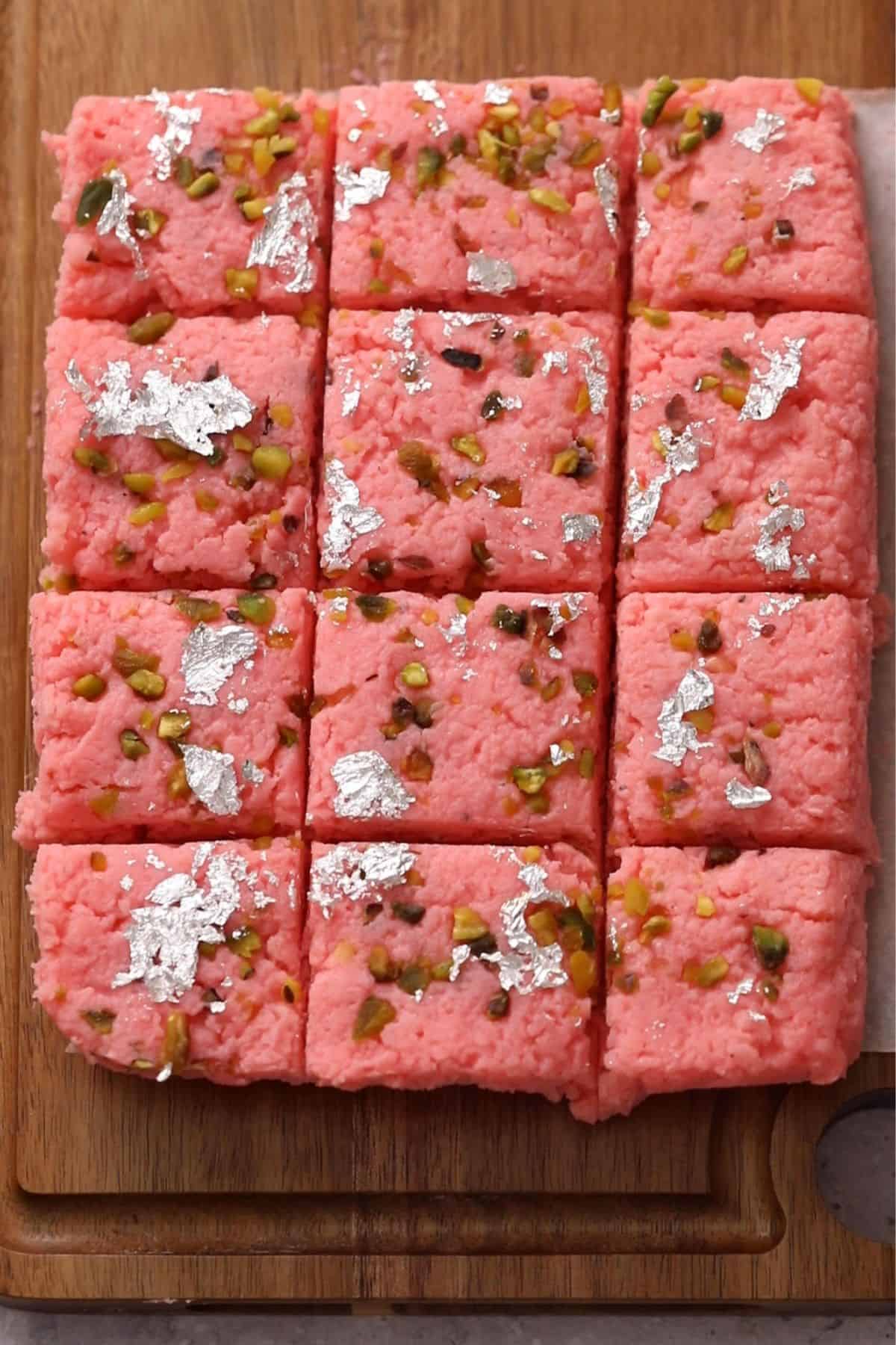Rose Kalakand Recipe (With Paneer) 19 Kalakand mixture is cut into 12 pieces.