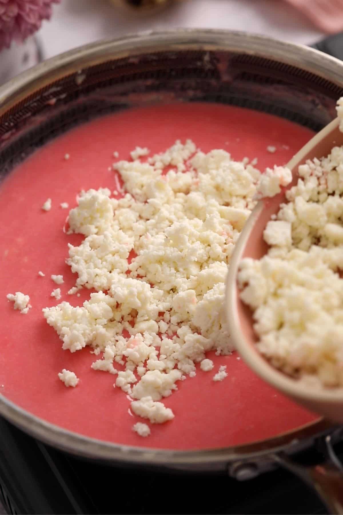 Rose Kalakand Recipe (With Paneer) 9 Paneer is added to rose milk mixture.