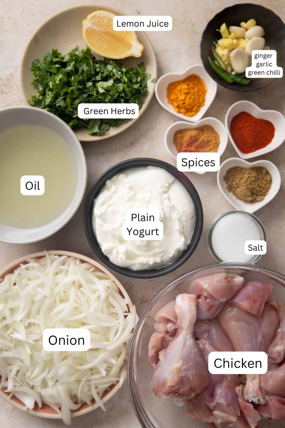 Ingredients needed to make chicken masala for biryani.