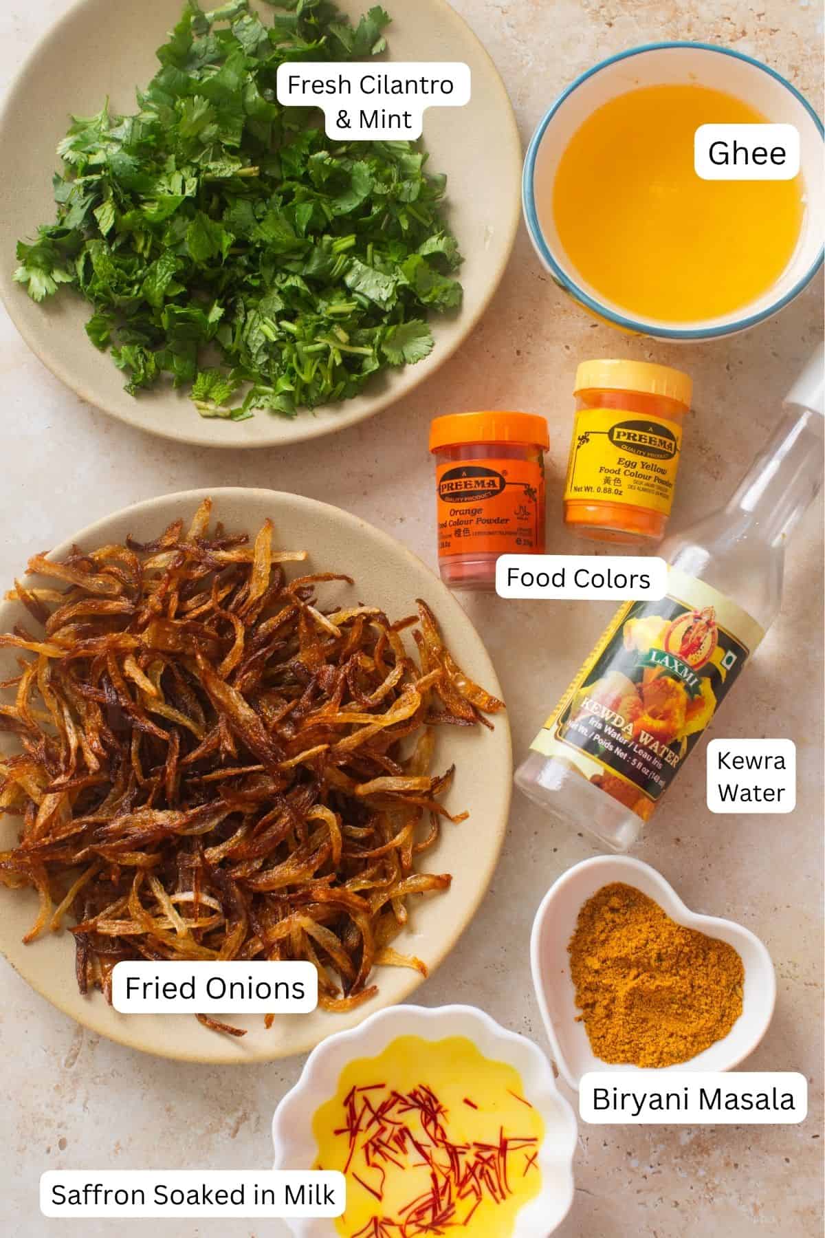 Ingredients needed to layer the biryani.