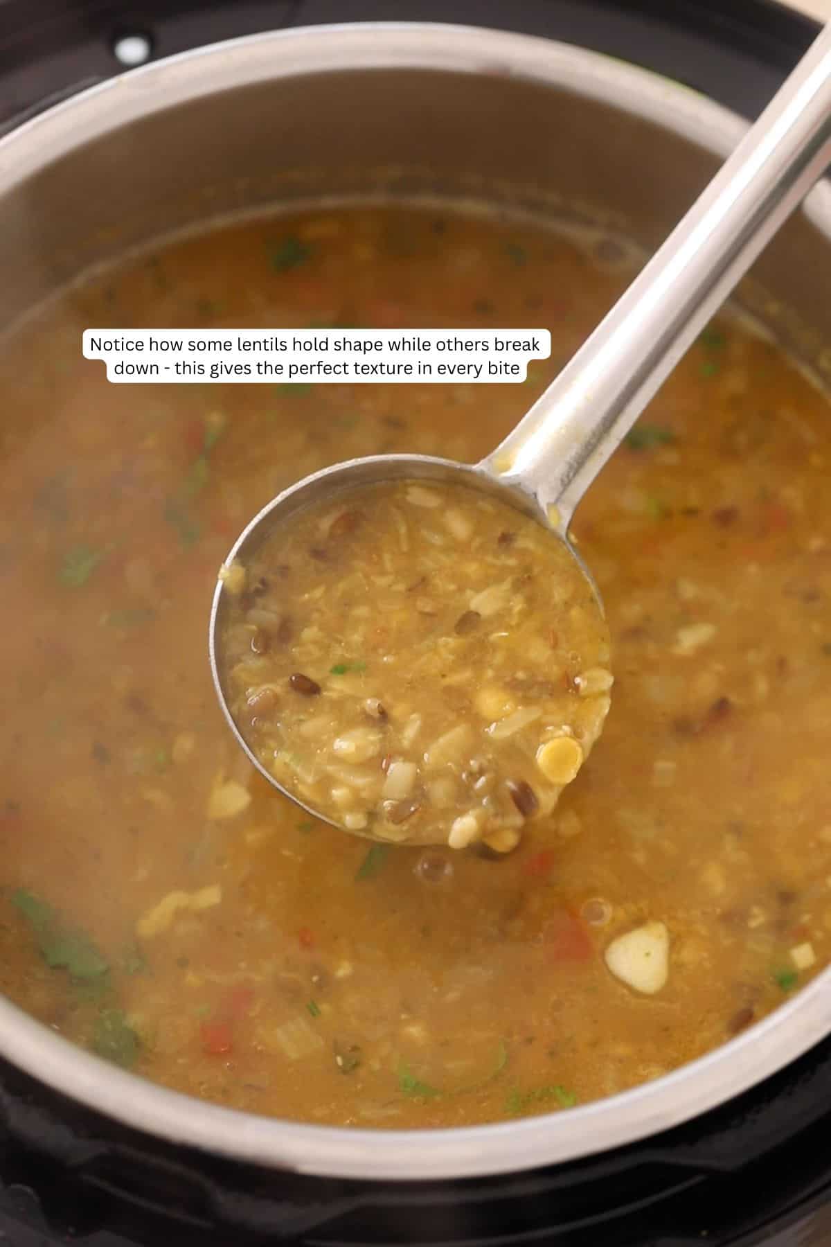 Cooked Mixed dal in a steel ladle.