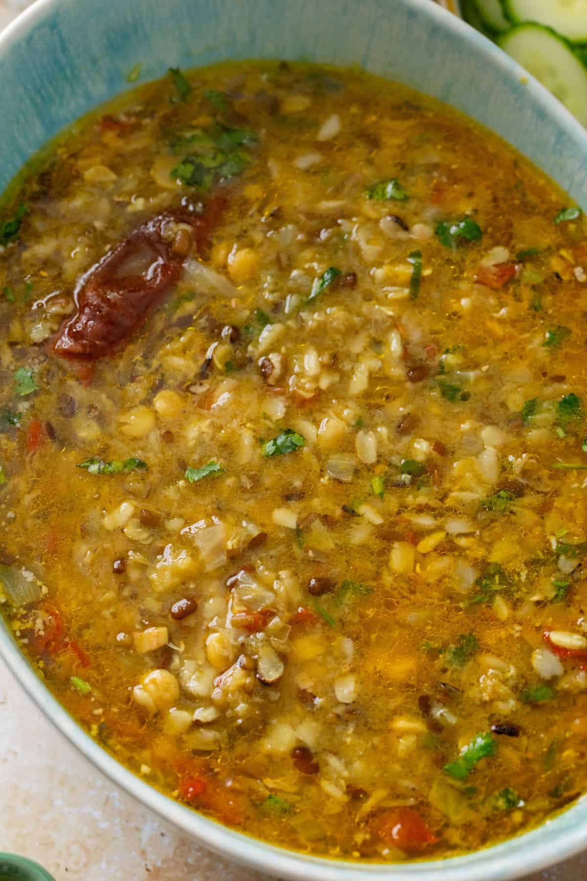 Closeup of panchmel dal.