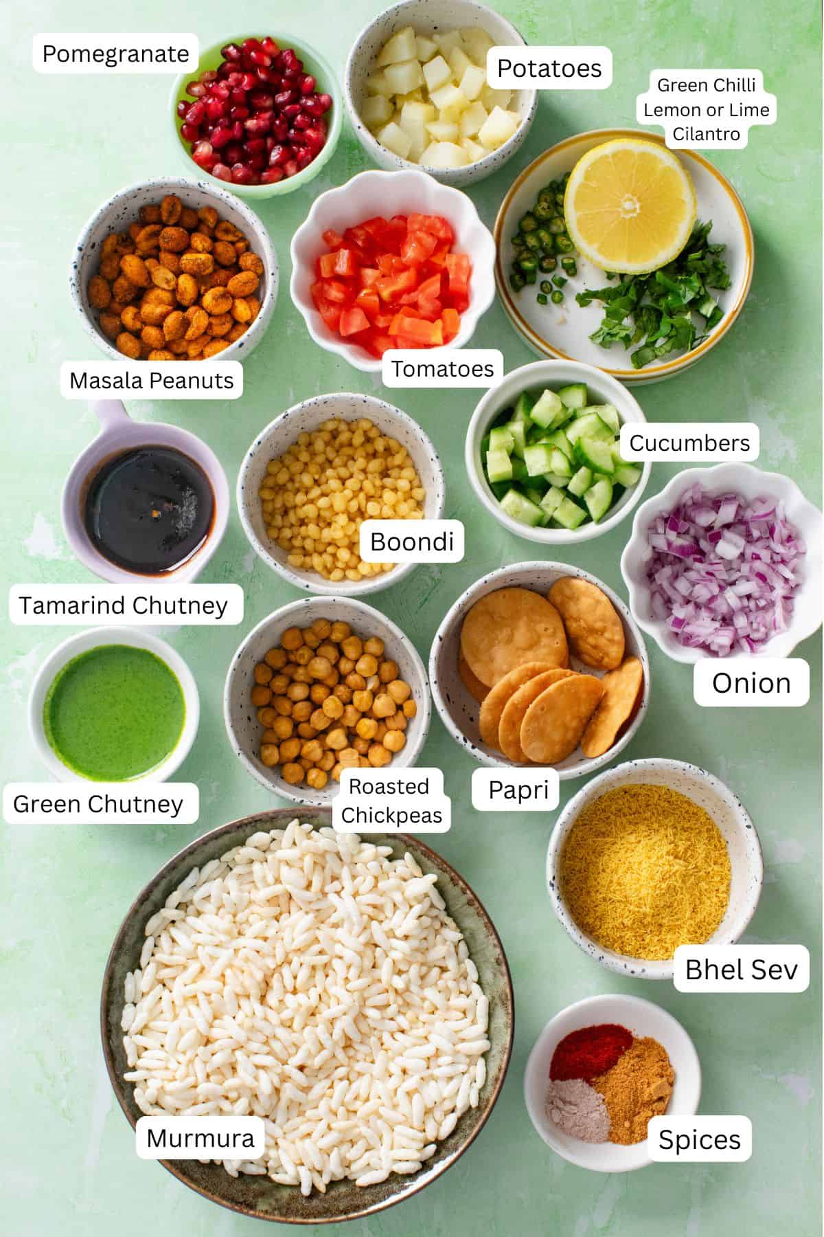 Ingredients needed to make bhel puri.