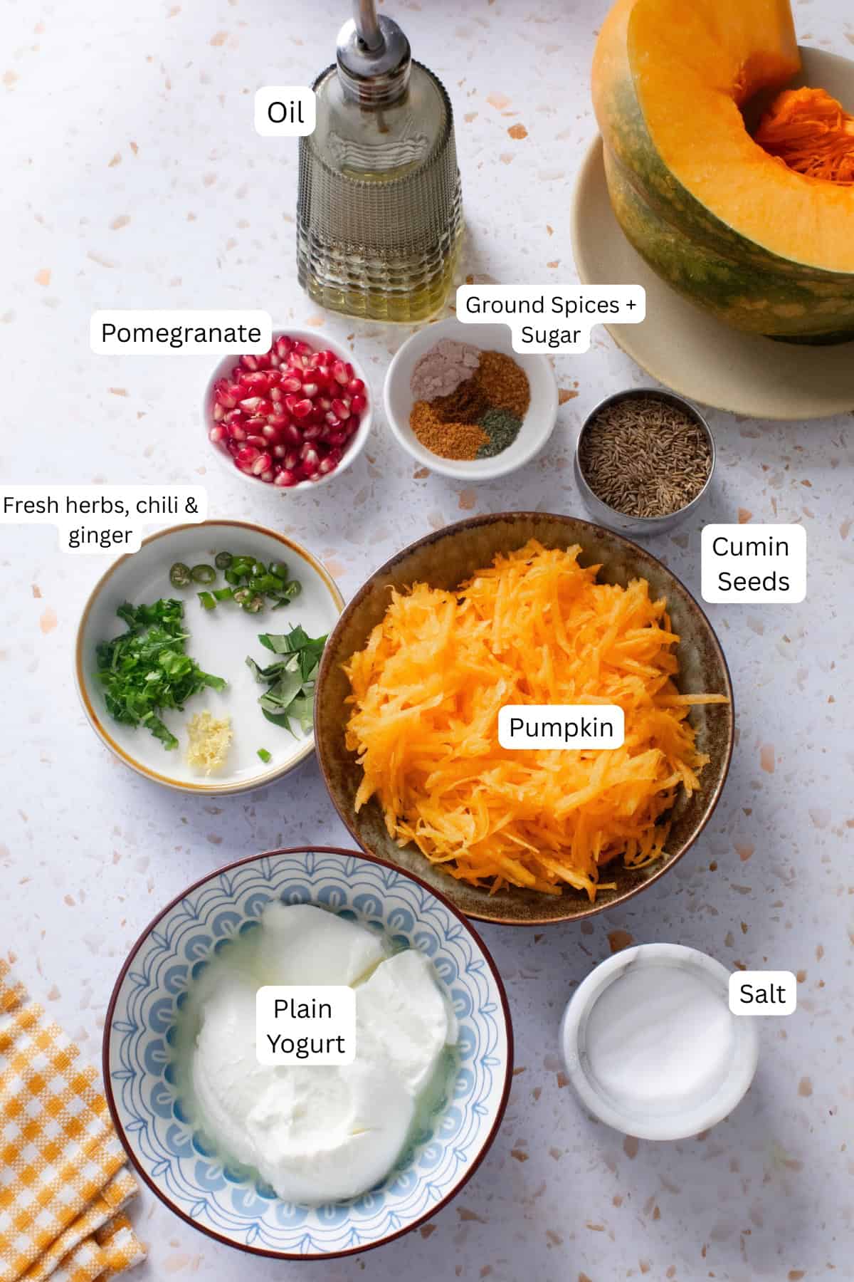 Ingredients needed for pumpkin raita.